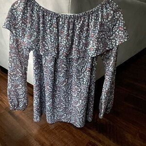 Michael Kors Blue and White Ruffled Long Sleeve Tunic